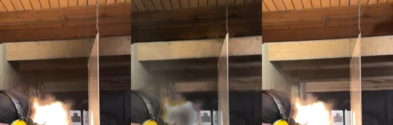 Frame 157, the muzzle flash, side by side: the original fireball, the CVPR 2023 method turning it into a grey smudge, and Flicker Fusion keeping the fireball.